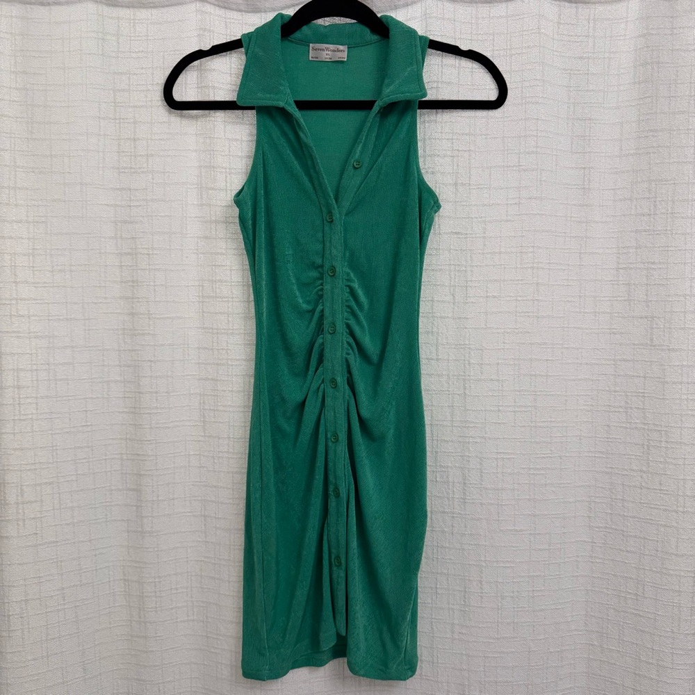 Seven Wonders Green Sleeveless Button-Up Ruched Waist Dress